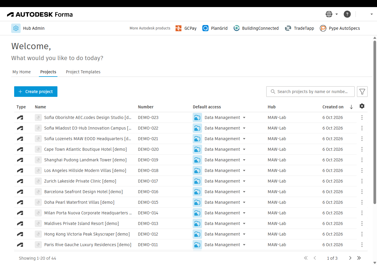 The Autodesk Forma home page with Hub Admin at the top left