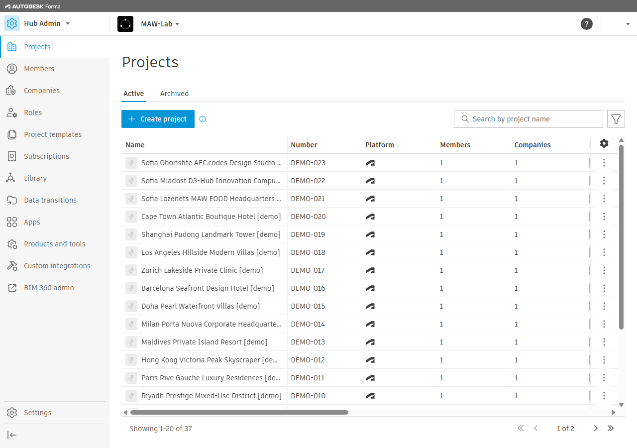 Hub Admin with Custom integrations in the left menu