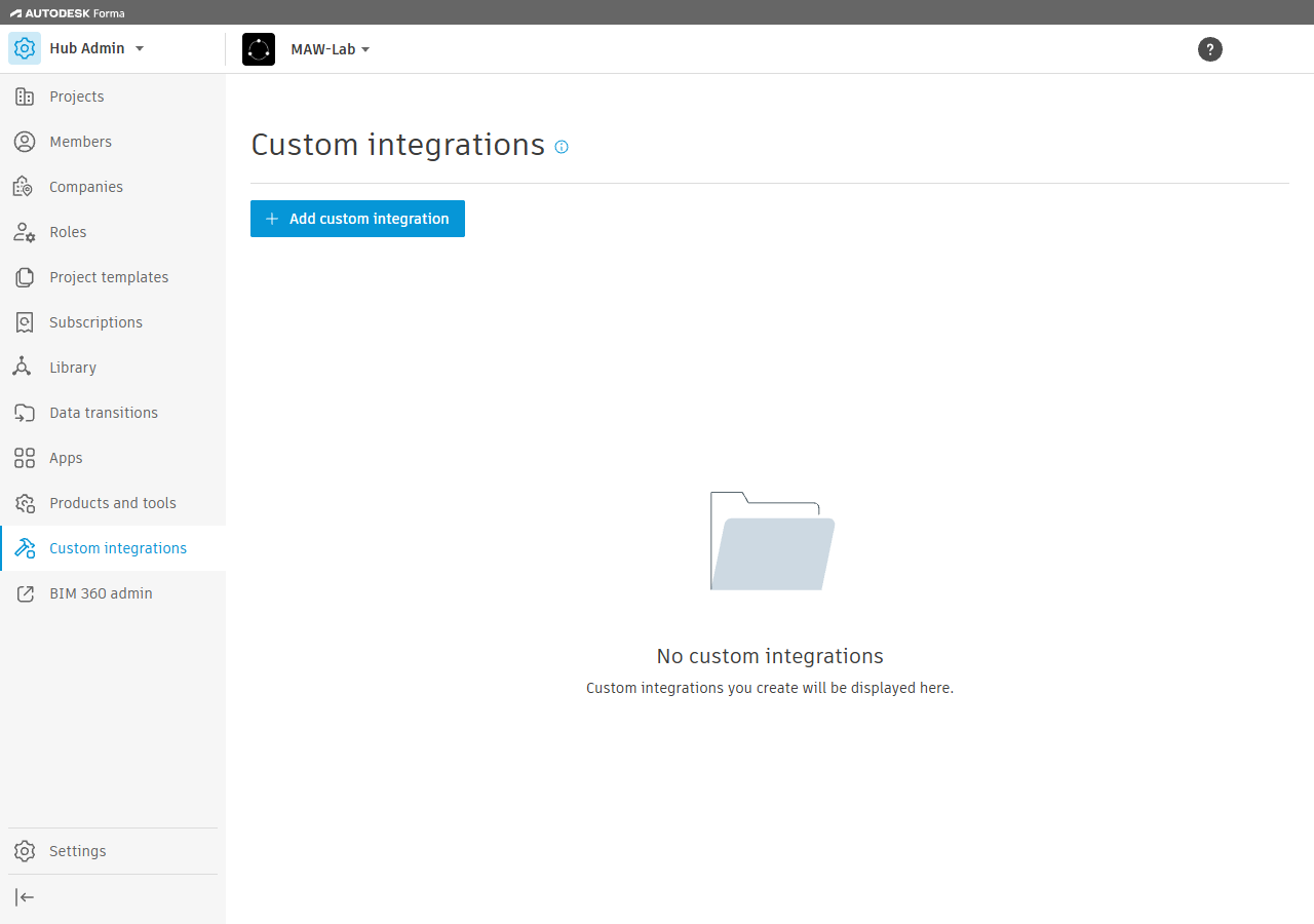 The Custom integrations page with the Add custom integration button