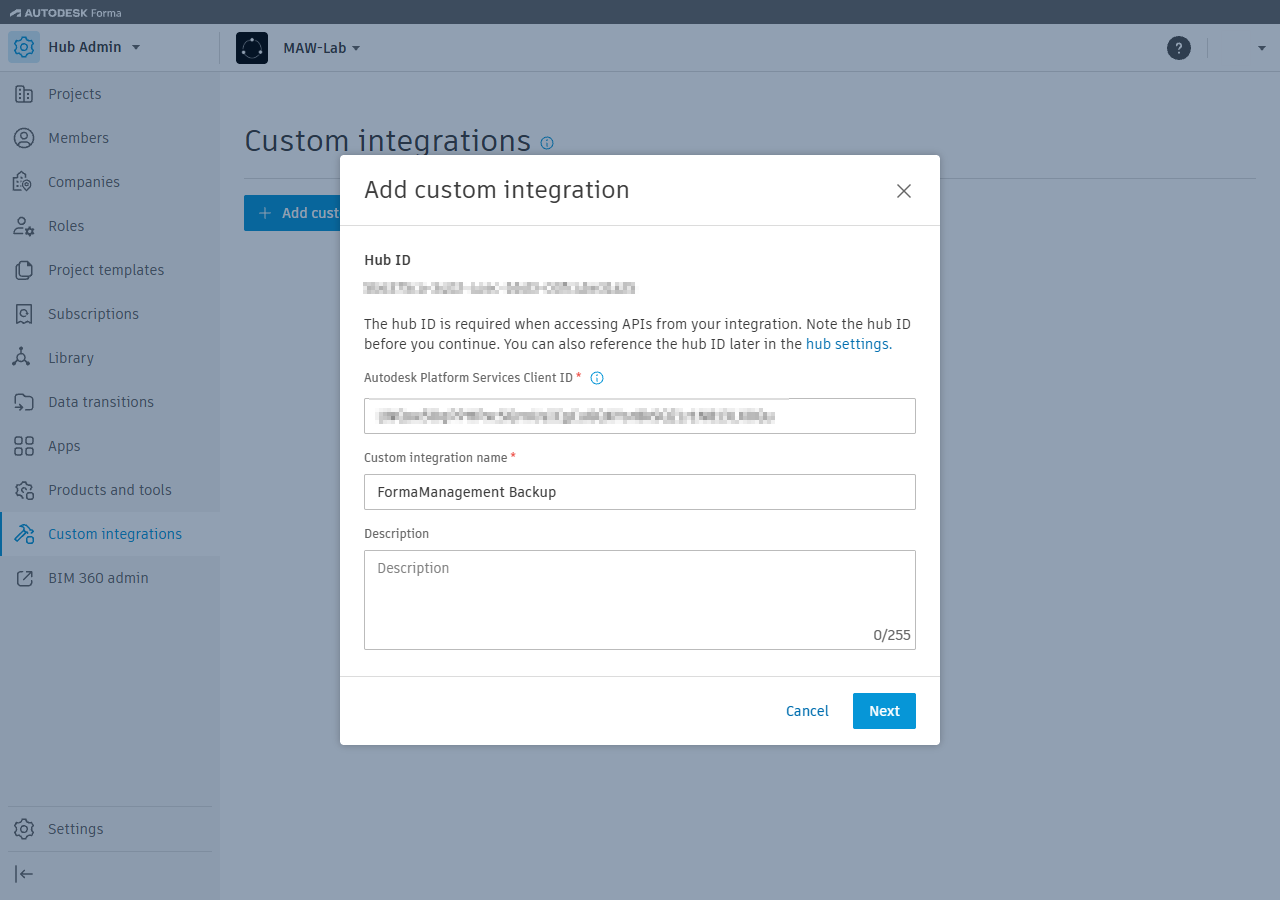 The Add custom integration dialog with the client ID and the integration name