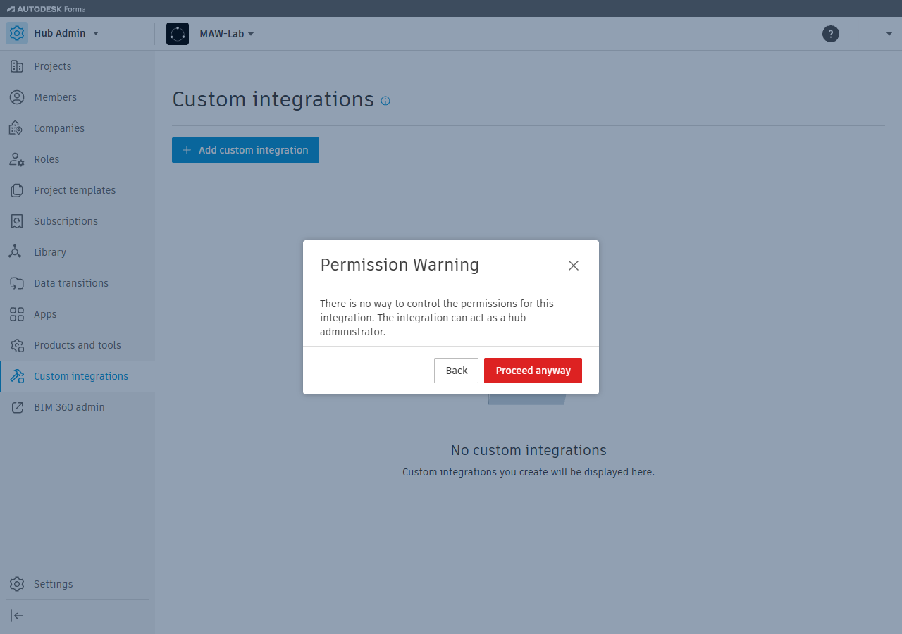 The Permission Warning dialog with the Back and Proceed anyway buttons