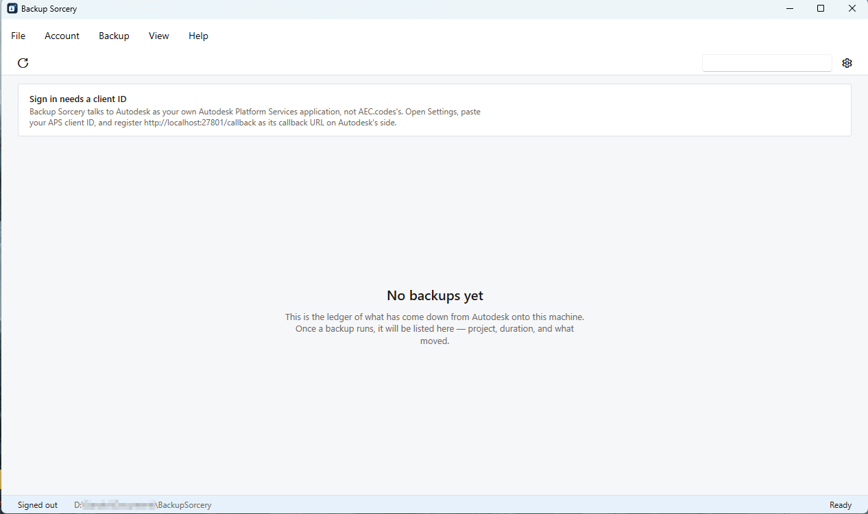 The Backup Sorcery window on first start with the Sign in needs a client ID banner
