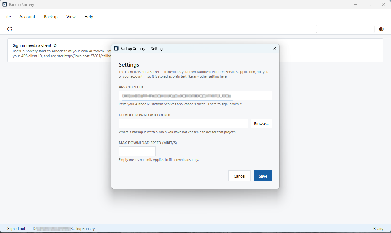 The Settings dialog with the APS CLIENT ID, DEFAULT DOWNLOAD FOLDER and MAX DOWNLOAD SPEED (MBIT/S) fields