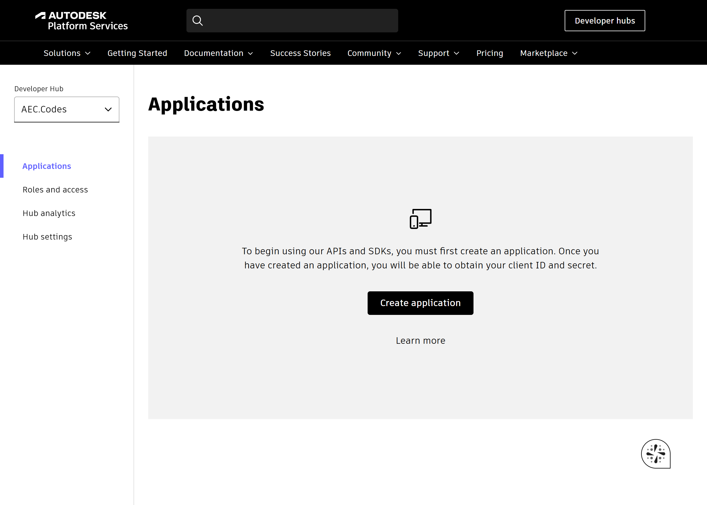The Applications page of the developer hub with the Create application button