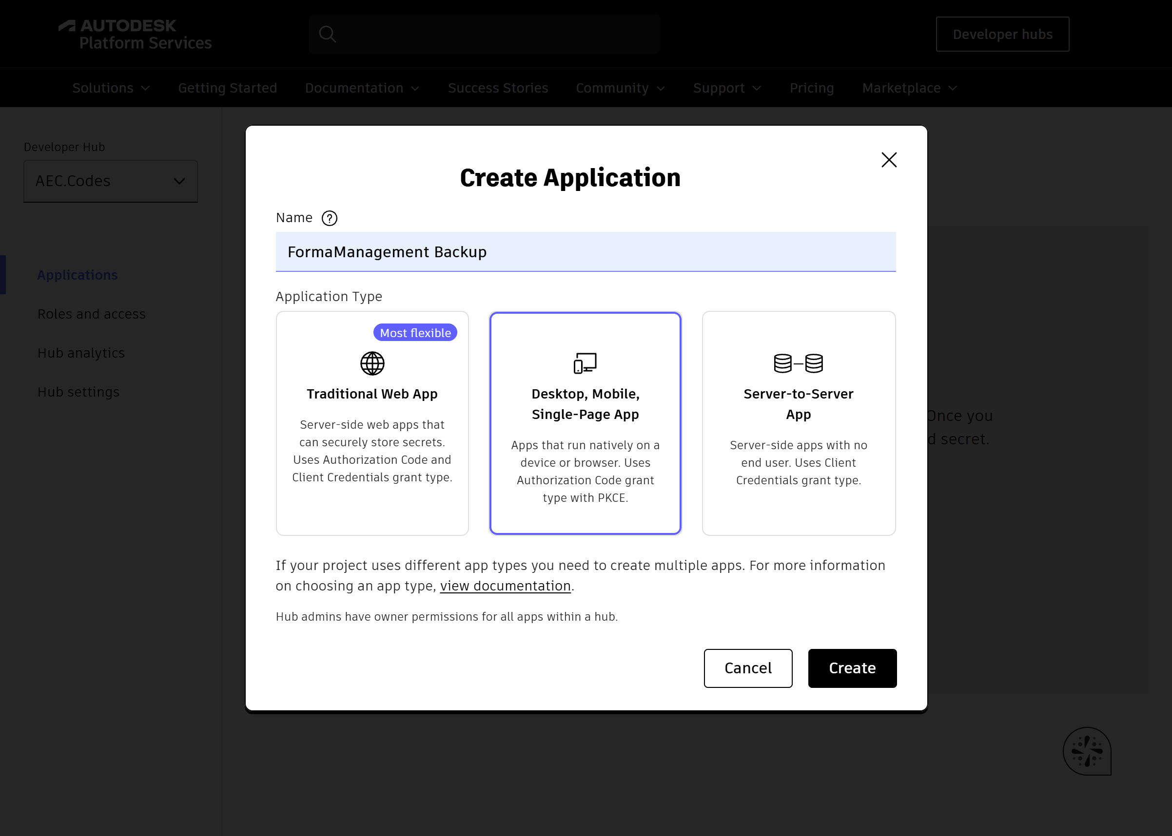 The Create Application dialog with the name filled in and the application type Desktop, Mobile, Single-Page App selected