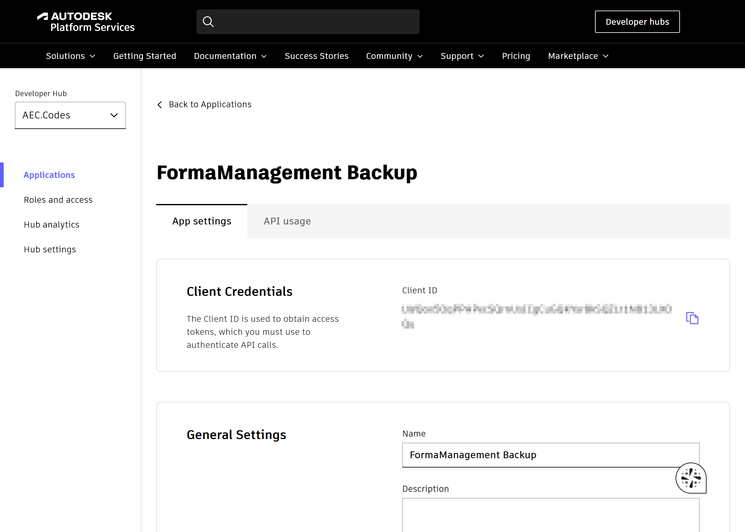 App settings with the Client ID under Client Credentials and its copy icon