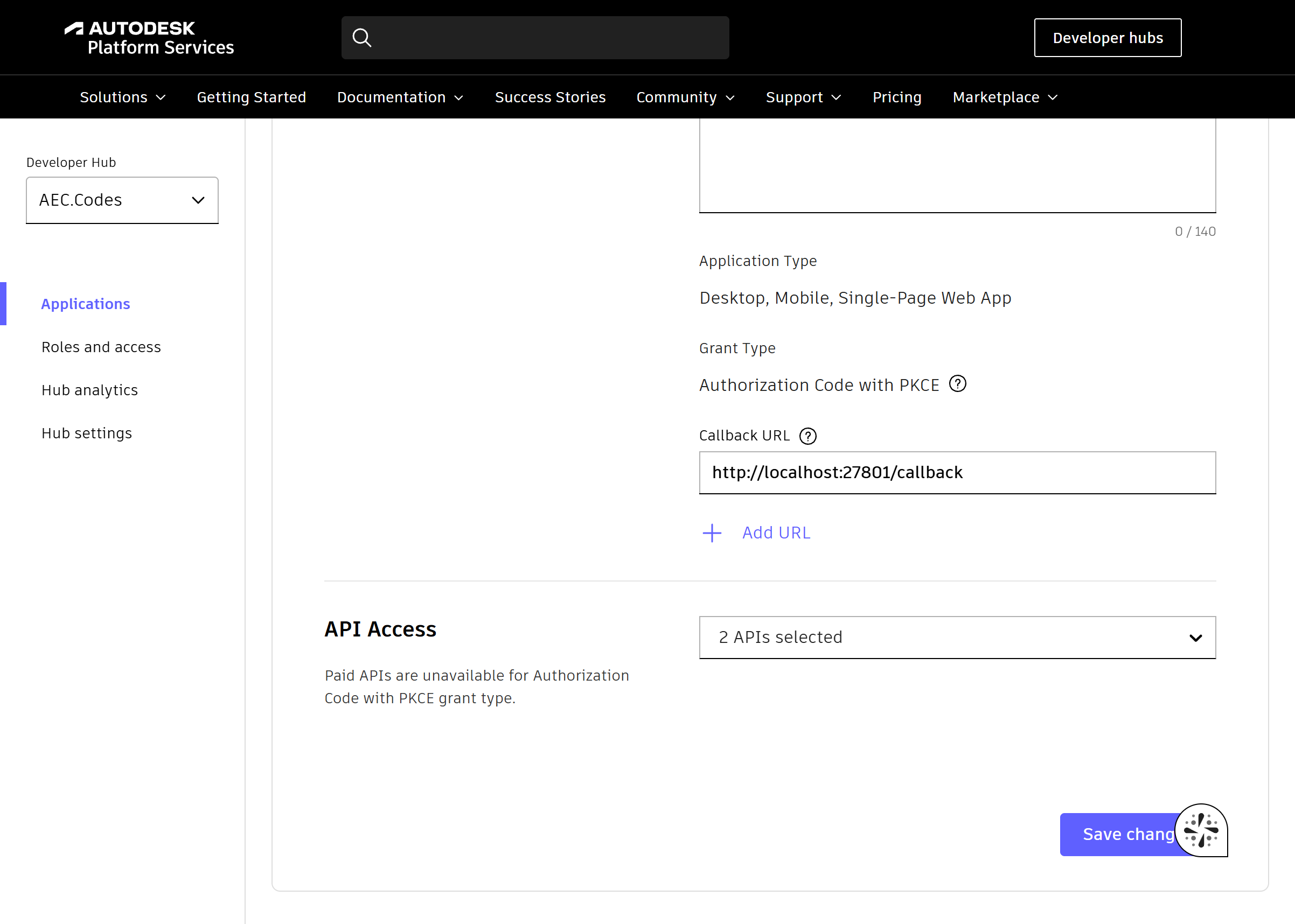 General Settings with the callback URL entered and API Access reading 2 APIs selected