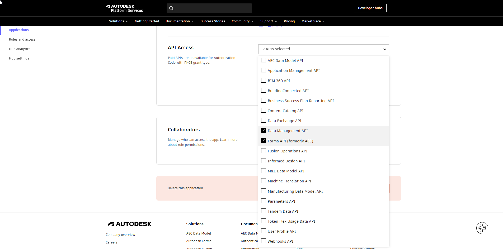 The API Access list with the Data Management API and the Forma API (formerly ACC) ticked