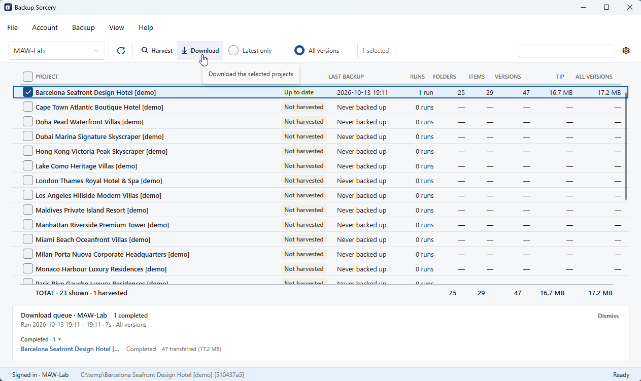The Download button with its tooltip and the Latest only and All versions choice