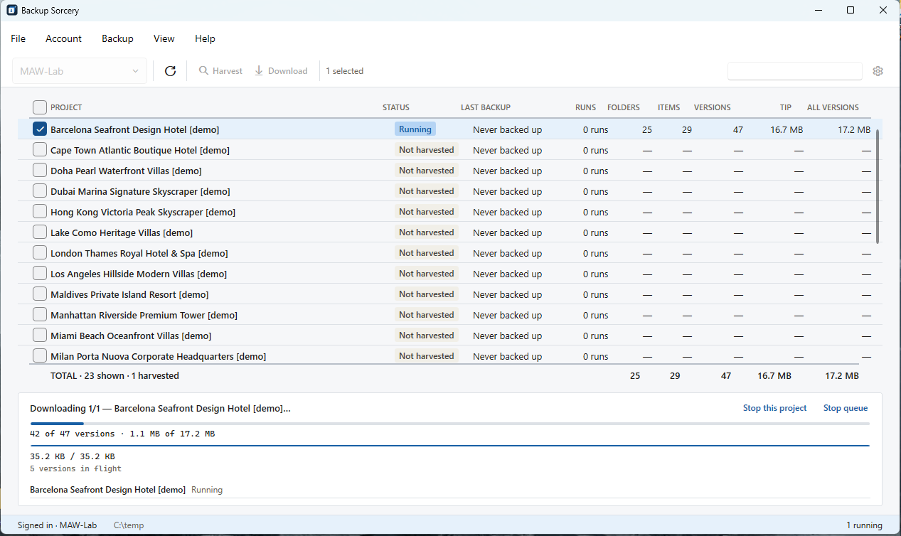 The progress panel during a download with Stop this project and Stop queue