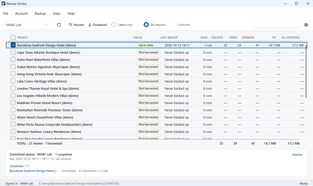 A project marked Up to date and the Download queue recap of the finished run