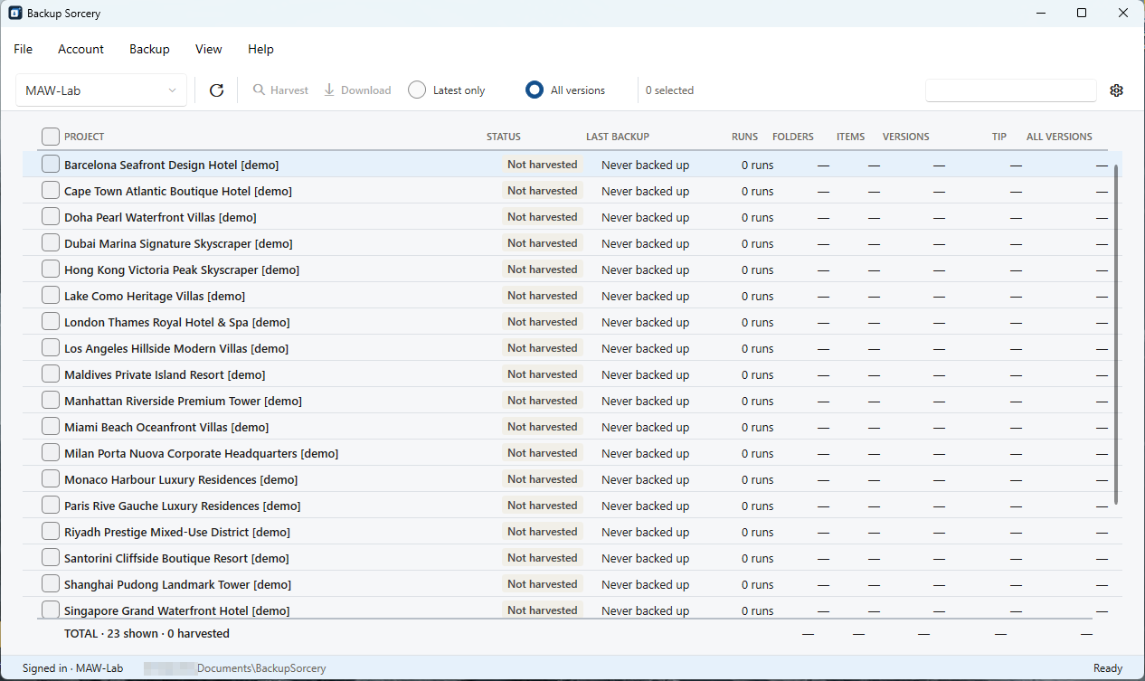 Backup Sorcery's project list for a hub: a checkbox per project, with Harvest and Download in the toolbar