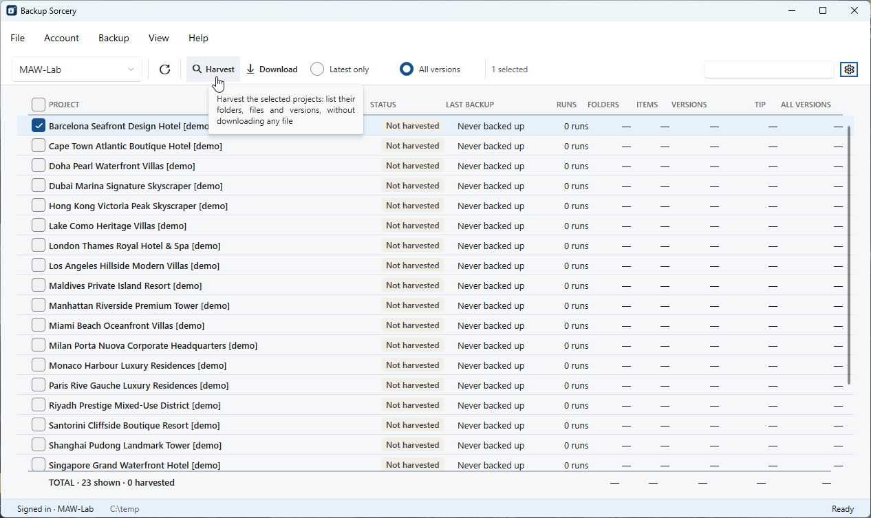 One project ticked and the Harvest button with its tooltip