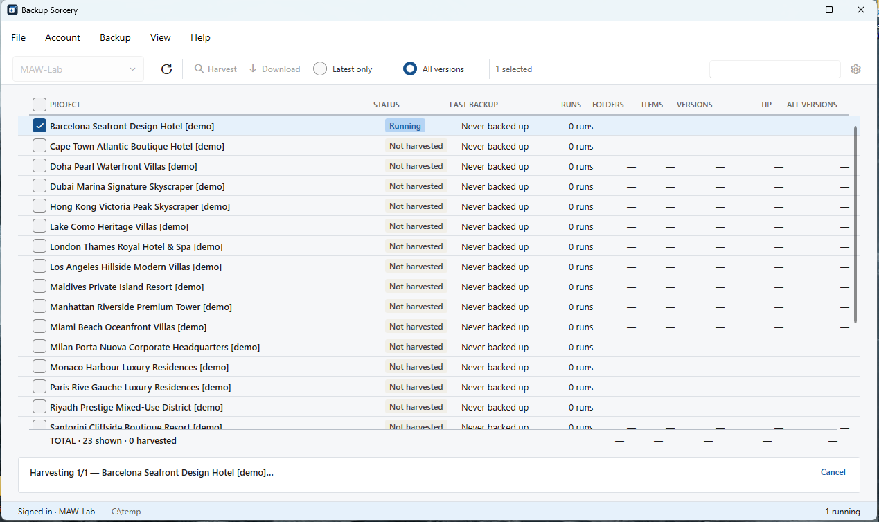 A project with the status Running while the harvest is in progress