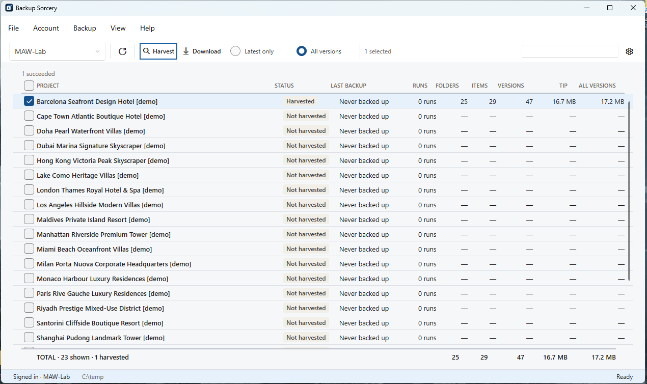 A harvested project with its folders, items, versions, Tip and All versions sizes, and the TOTAL row