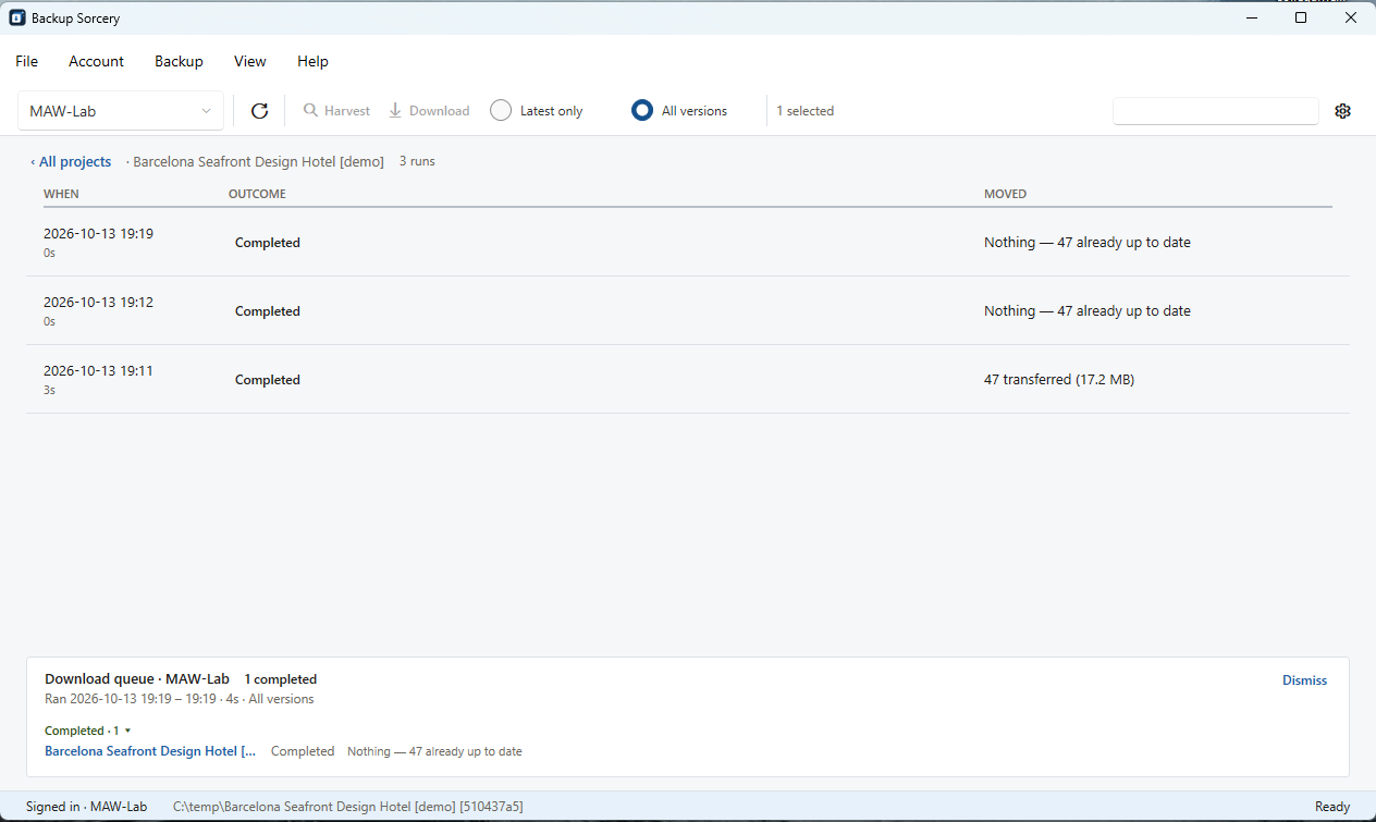 The run history of a project with When, Outcome and Moved columns