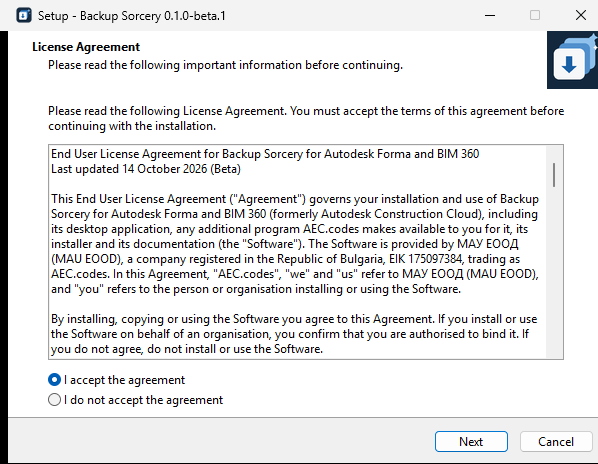 The setup window at License Agreement
