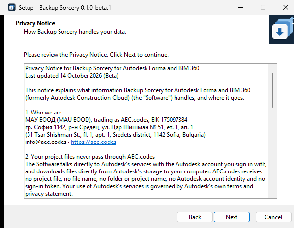 The setup window at Privacy Notice