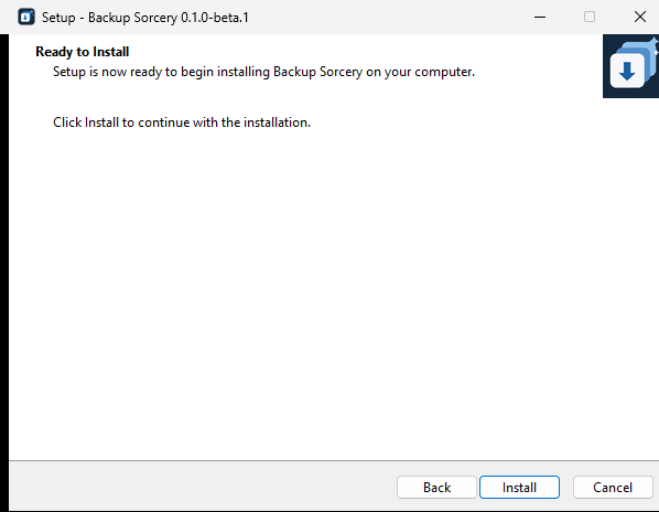 The setup window at Ready to Install with the Install button