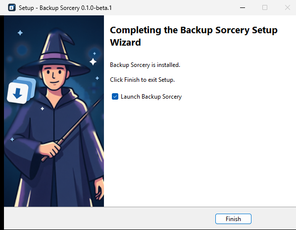 The last setup window with Launch Backup Sorcery ticked and the Finish button