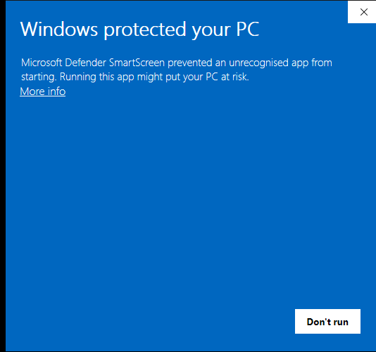 The Windows protected your PC window with the More info link