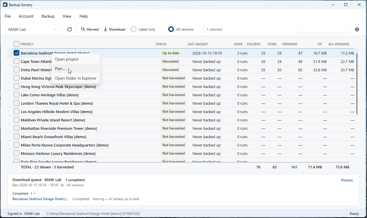 The right-click menu of a project with Open project, Plan… and Open folder in Explorer