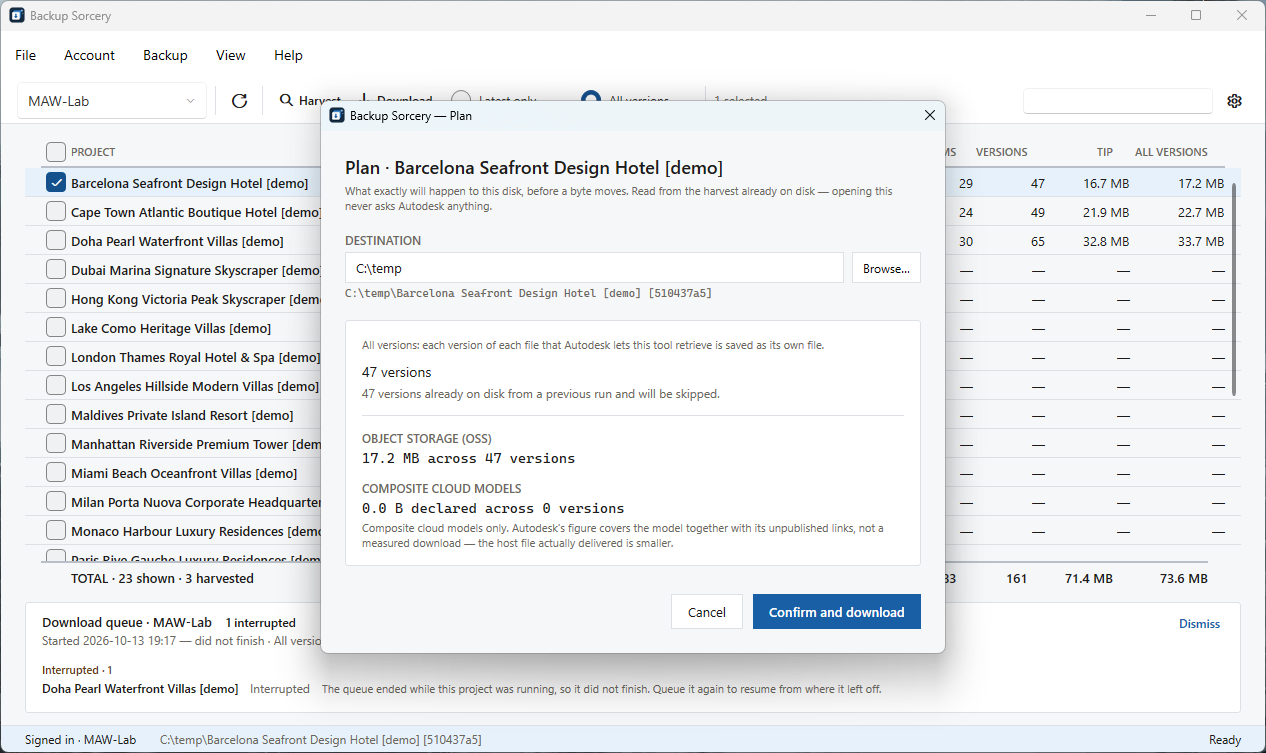 The Plan dialog with the destination, the versions to download and already on disk, and Confirm and download