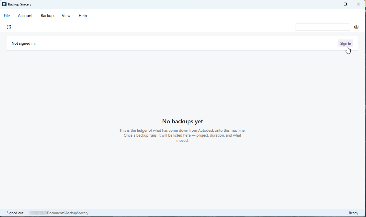 The Backup Sorcery window showing Not signed in and the Sign in button