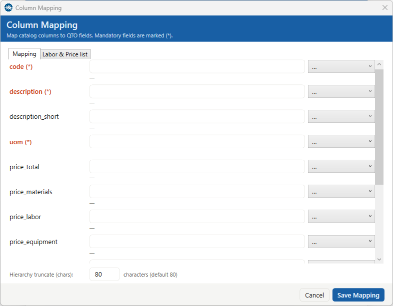 Column Mapping dialog, Mapping tab: one row per QTO field with a formula box and an Insert-column dropdown; code, description and uom are marked with a red asterisk
