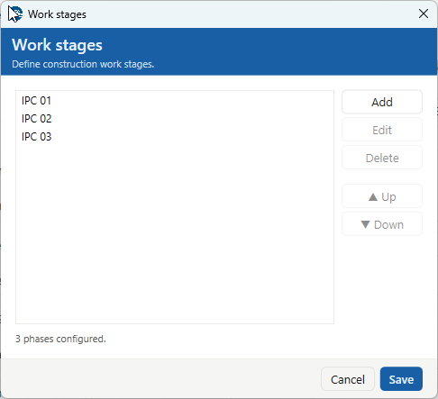 Work stages dialog: an ordered list of stages with Add, Edit, Delete, Up and Down buttons and a Cancel / Save footer