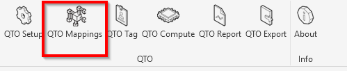 Revit ribbon — AEC.codes tab with the QTO Mappings button highlighted in the QTO panel