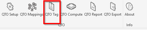 Revit ribbon — AEC.codes tab with the QTO Tag button highlighted in the QTO panel