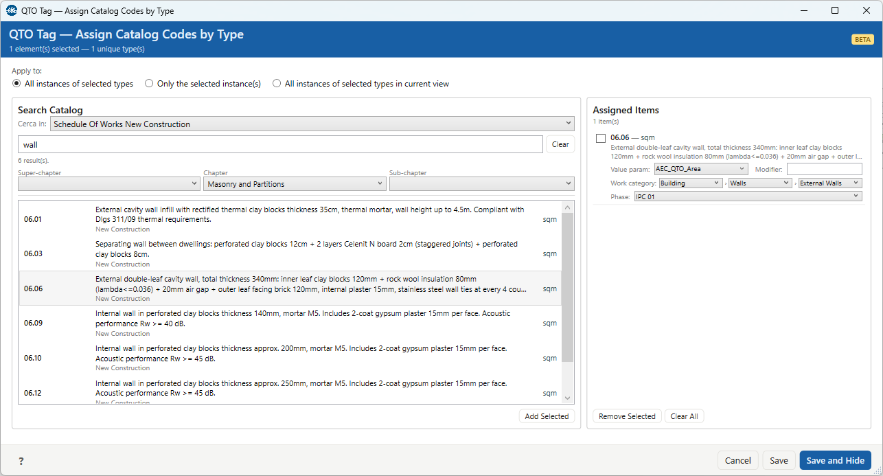 QTOTag Search Catalog panel: a search box above three chapter dropdowns (Super-chapter, Chapter, Sub-chapter) and a results list of code / description / unit